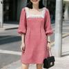 VONDA Women Square Collar 3/4 Sleeve Lace Hem Casual Plaid Mini Dress