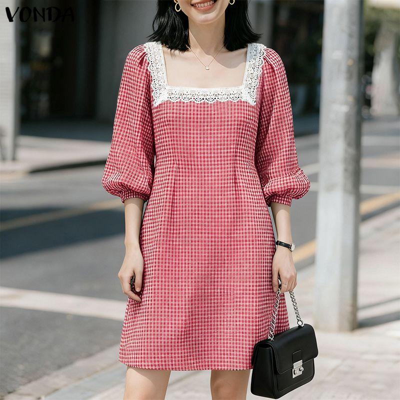 VONDA Women Square Collar 3/4 Sleeve Lace Hem Casual Plaid Mini Dress