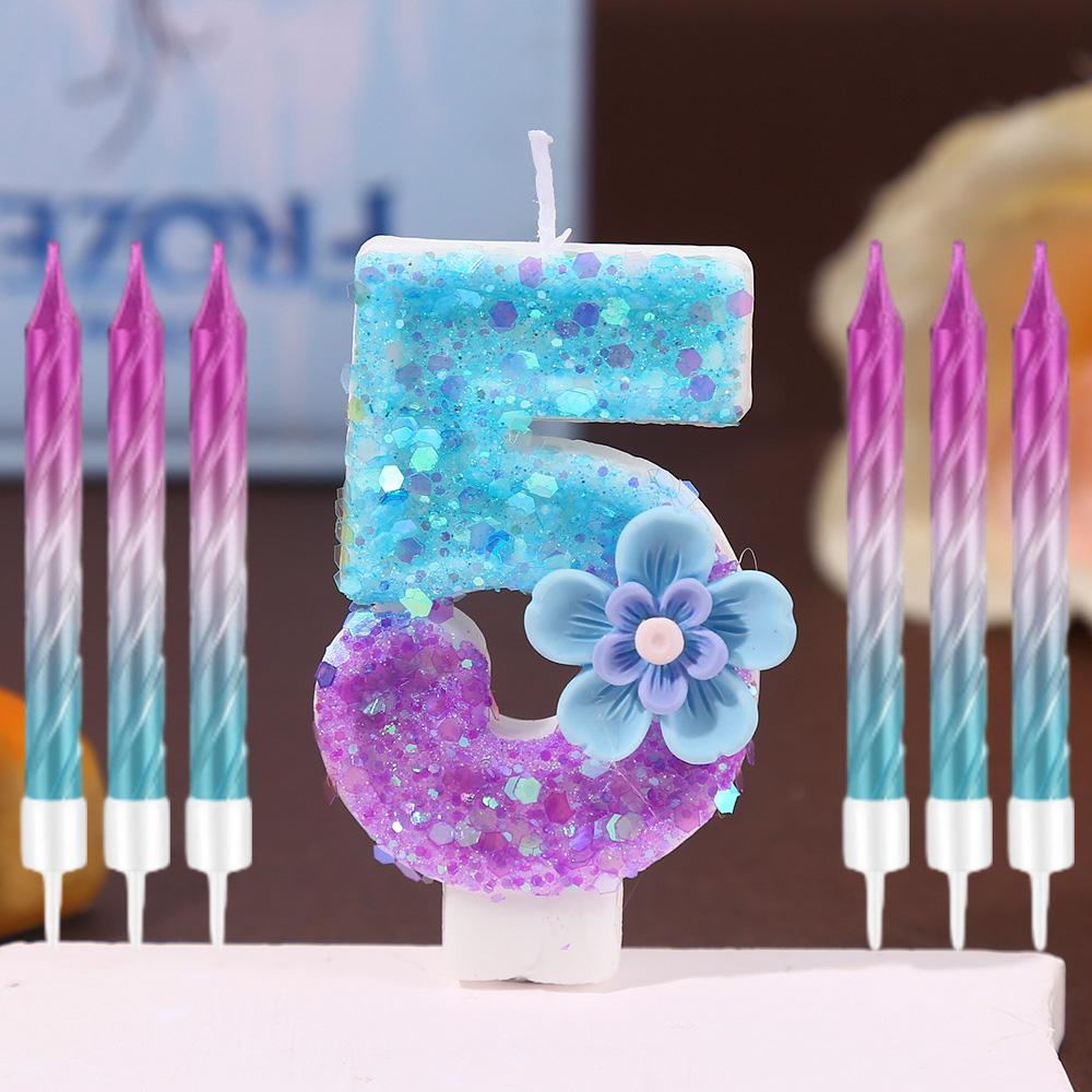 7pcs Blue Purple Flower Birthday Number Candles,Flower Theme Party Decorations, Cupcake Decorations,Suitable for Party Celebrati