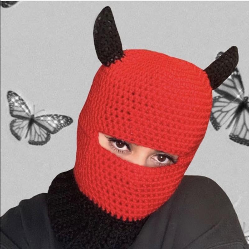 Y2K Style Crochet Halloween Party Cow Horn Parent-Child Ski Mask Hat