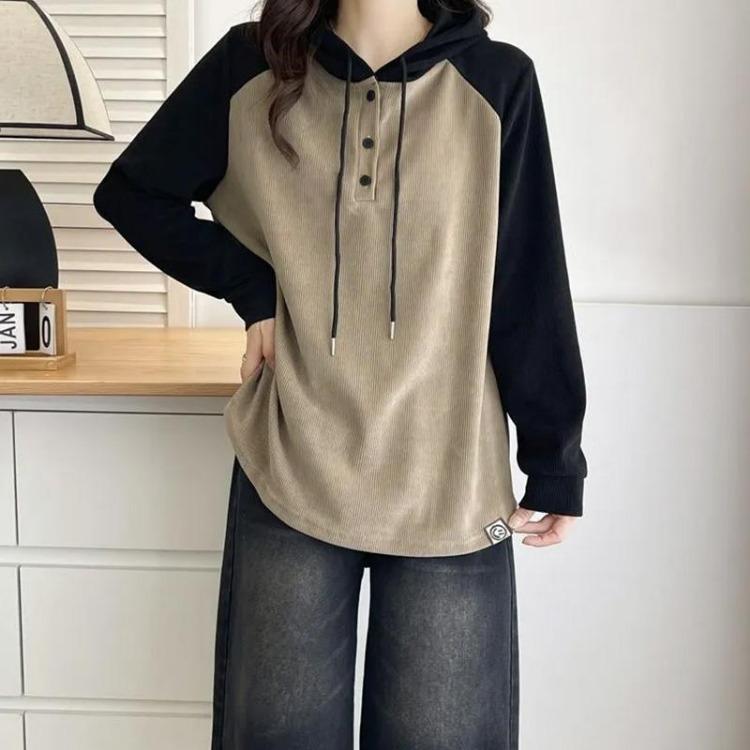 

Vintage Color Block Hooded Sweatshirt for Women Oversize Cotton Pullover Casual Loose Drop Shoulder Long Sleeve Top M хаки