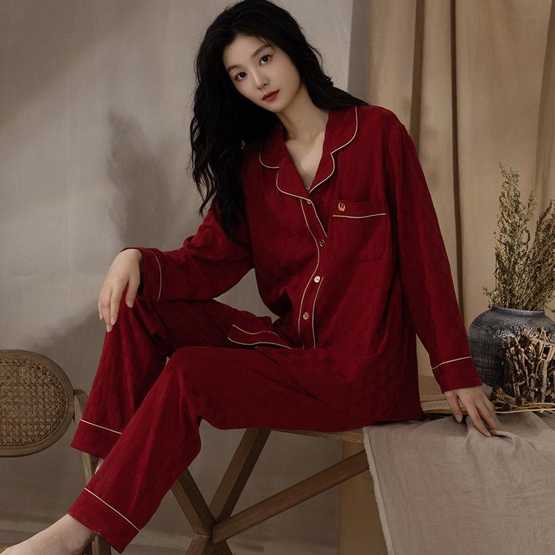Couple's Pajamas Set: Women's Spring/Autumn Long Sleeve, Men's Red Pure Cotton Loungewear for Weddings or Birthdays