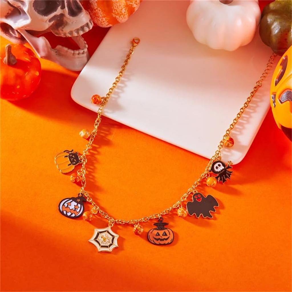 Halloween Christmas Charm Necklace for Women - Dainty Gold Paper Clip Necklace with Snowman, Santa, Snowflake, , Spirit, Pumpkin Cat