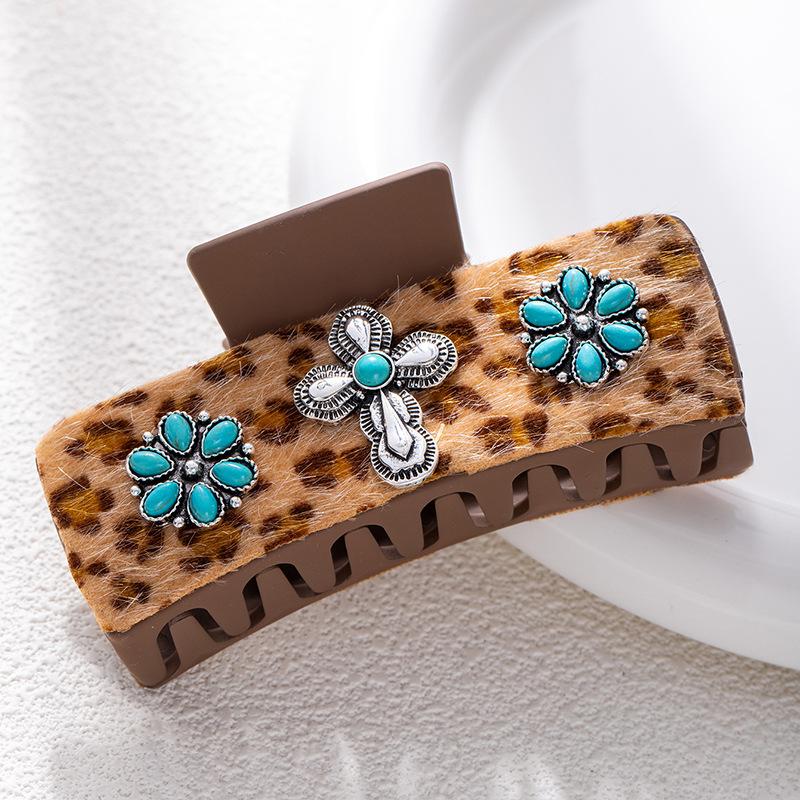 Bohemian Ethnic Style Turquoise Grab Clip Western Style Hairpin Retro Leopard Print Sequined Leather Fashion Disc Hairpin