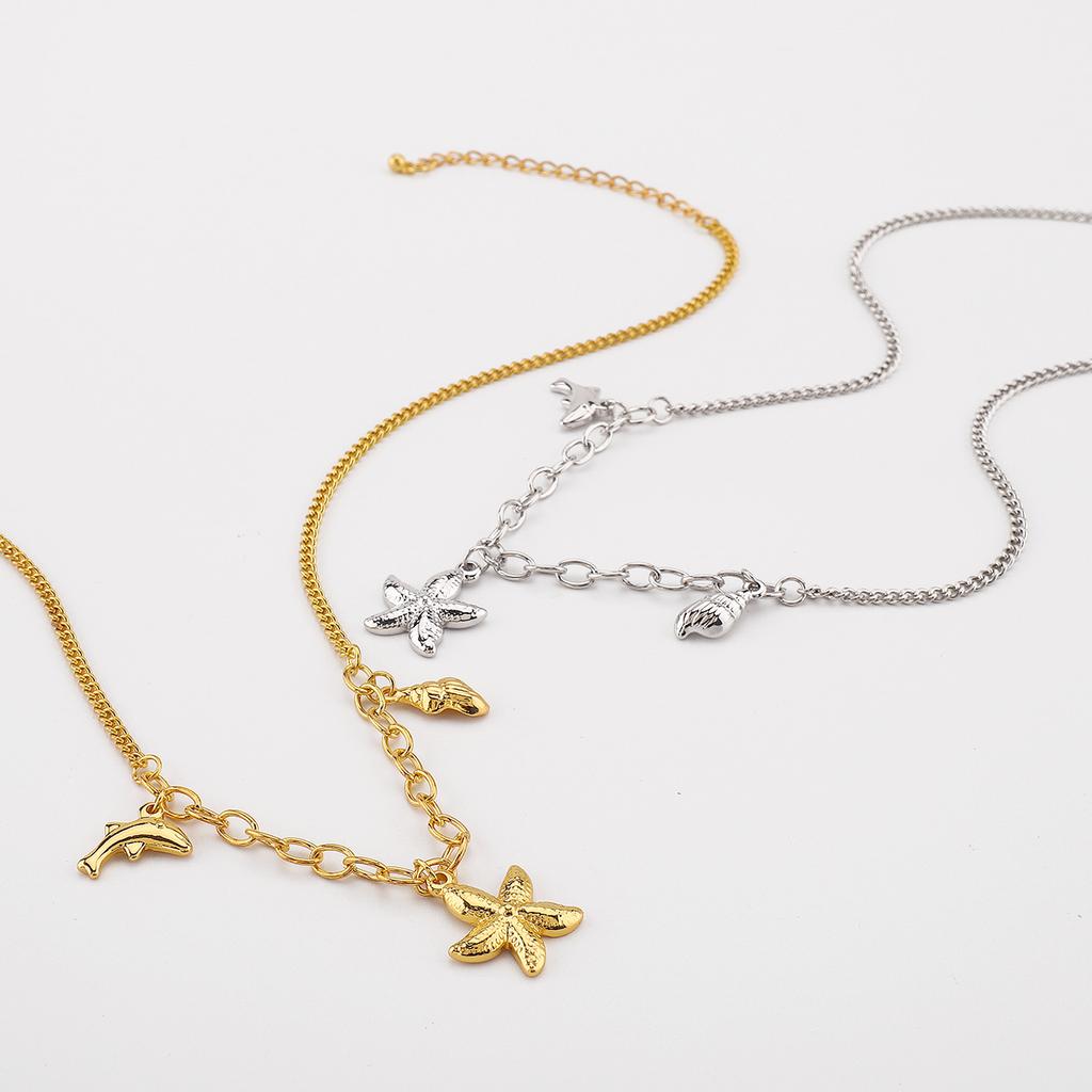 Women Fashion Exquisite Luxury Starfish Conch Dolphin Pendant Bracelet Necklace Retro Ocean Vacation Style Jewelry For Women