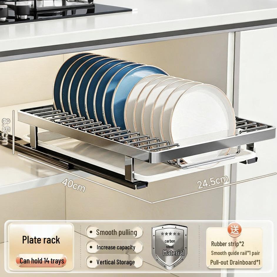Pull-Out Drawer Dish Storage Rack - Punch-Free Kitchen Shelf and Draining Rack