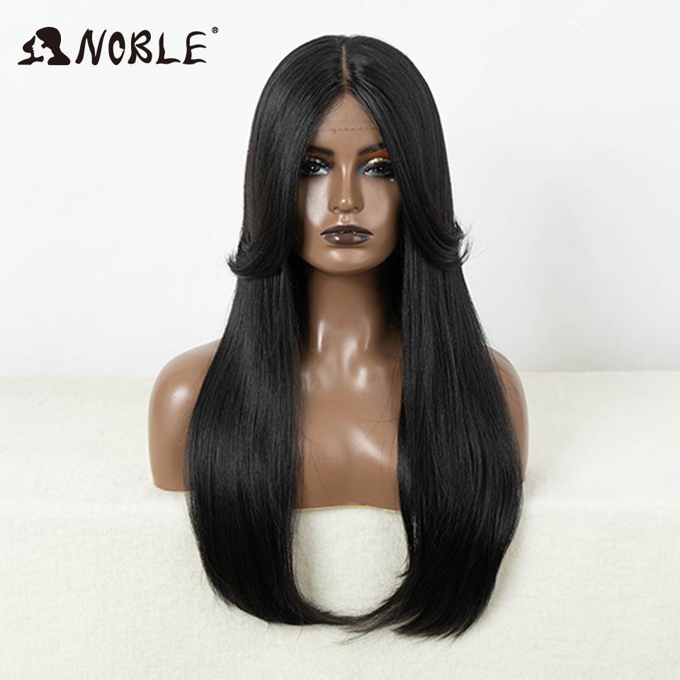 Noble Cosplay Synthetic Lace Front Wigs For Women Ombre Brown With Bangs 24 Inch Straight Lace Wig Highlight Glueless Lace Wig