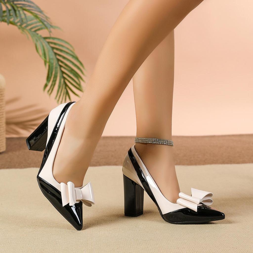 European & American Patent Leather Pointed Toe Chunky Heels for Women, Plus Sizes 42-43