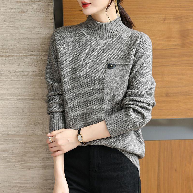 Autumn and Winter Fashion Half High Collar Solid Knitted Long Sleeve Stylish and Thickened Women's Casual Sweater