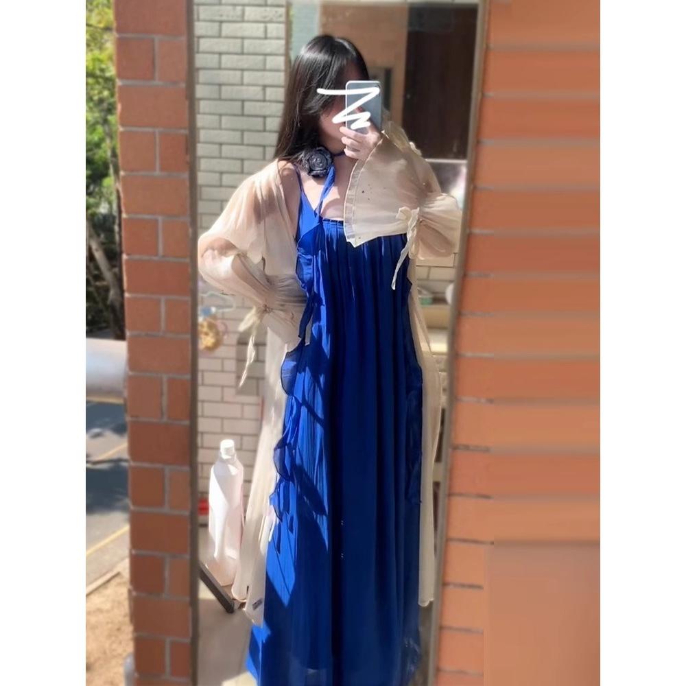 Kumikumi holiday style design sense loose blue suspender dress women's summer niche age-reducing A-word long dress