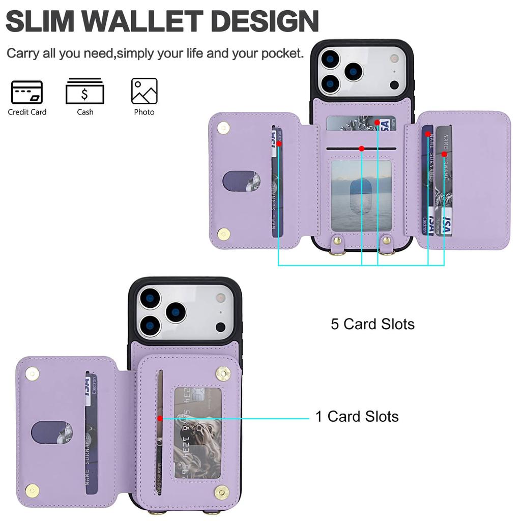 Zipper Wallet Case for iPhone 17/16e/16 Pro Max iPhone Air Women Crossbody Purse Credit Card Holder Lanyard Flip Kickstand Cover