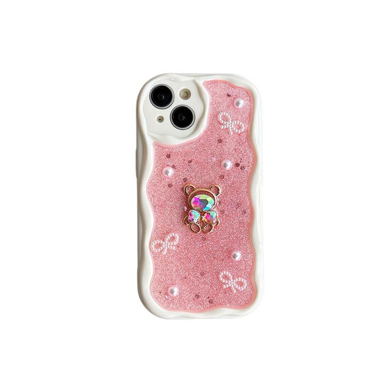 For Apple 17 Pro Diamond Bear Phone Case Light Luxury for IPhone 15 Plus Small Fragrant Style Ins Tie Sparkling Pink