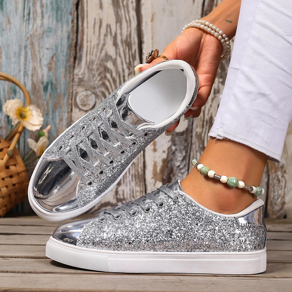 Plus Size Shoes for Women 36-43 Autumn Fashion Lace Up Flats Sequin Platform Shoes Zapatos De Mujer Non-slip Sneakers Women