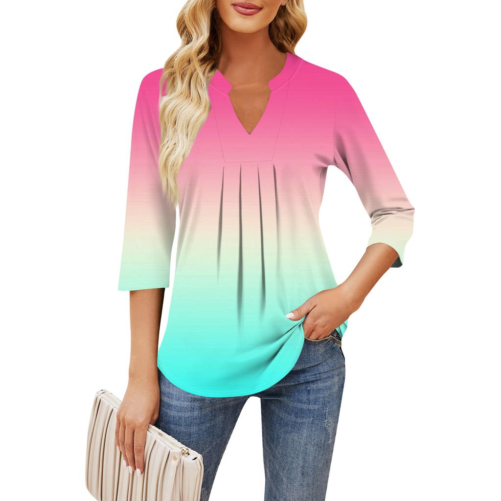 Damen Siebenviertelärmel Tops Lässig V-Ausschnitt Brustrüschen Einfarbig Locker T-Shirt Tops