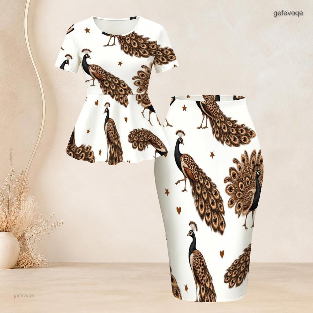 Women Plus Size 2 Piece Outfit Round Neck Short Sleeve Peacock Print Peplum Top Pencil Skirt White