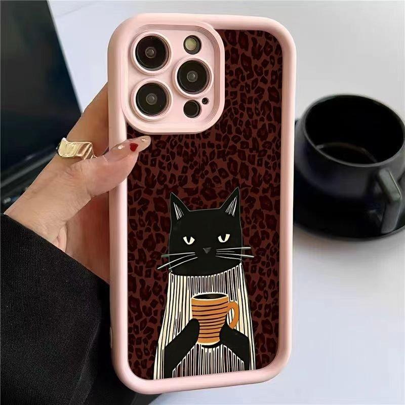 Elegant Black Cat Handheld Coffee Cup Striped Scarf Leopard Print Phone Case for iPhone 17 16 15 14 13 12 11 Pro Max Plus Cover