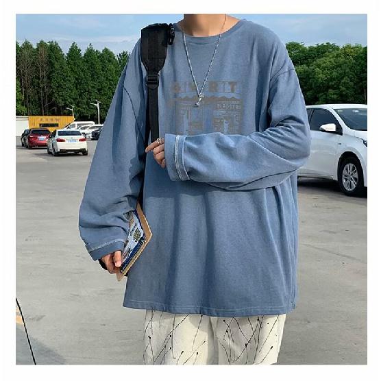 2024 Men's Long-Sleeved T-shirt Autumn Undershirt Long Sleeve Cotton Autumn Hong Kong Style Printing Loose Trendy Top