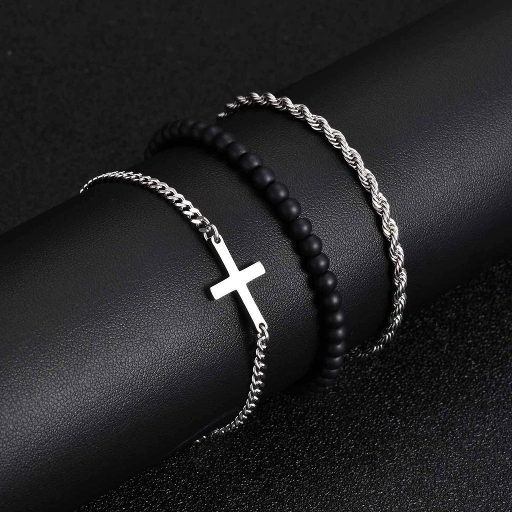 3pcs Stylsh Cross Men's Bracelet,Punk Stainless Steel Stacked Chain Link Wristband,Birthday Father's Day Gift for Him