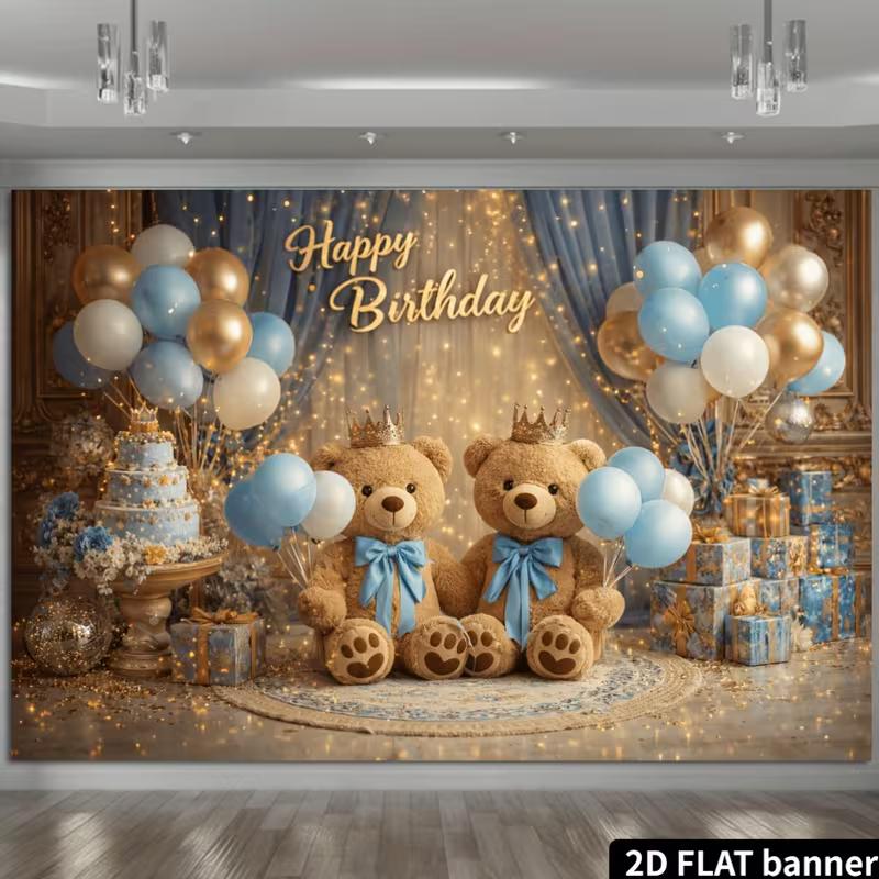 2D Flat Teddy Bear Birthday Banner, Blue Gold Scene for Baby Shower and Children's Party
