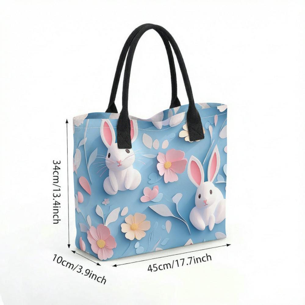 Cute Bunny Floral Canvas Tote Bag for Daily Use