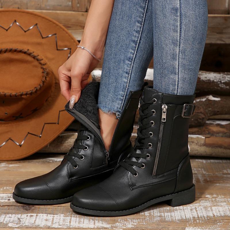 Cotton Boots, Plus-size Shoes, Side Zippers, Mid-top Fleece Boots, Women's Round-toed Lace-up Boots with Thick Heels