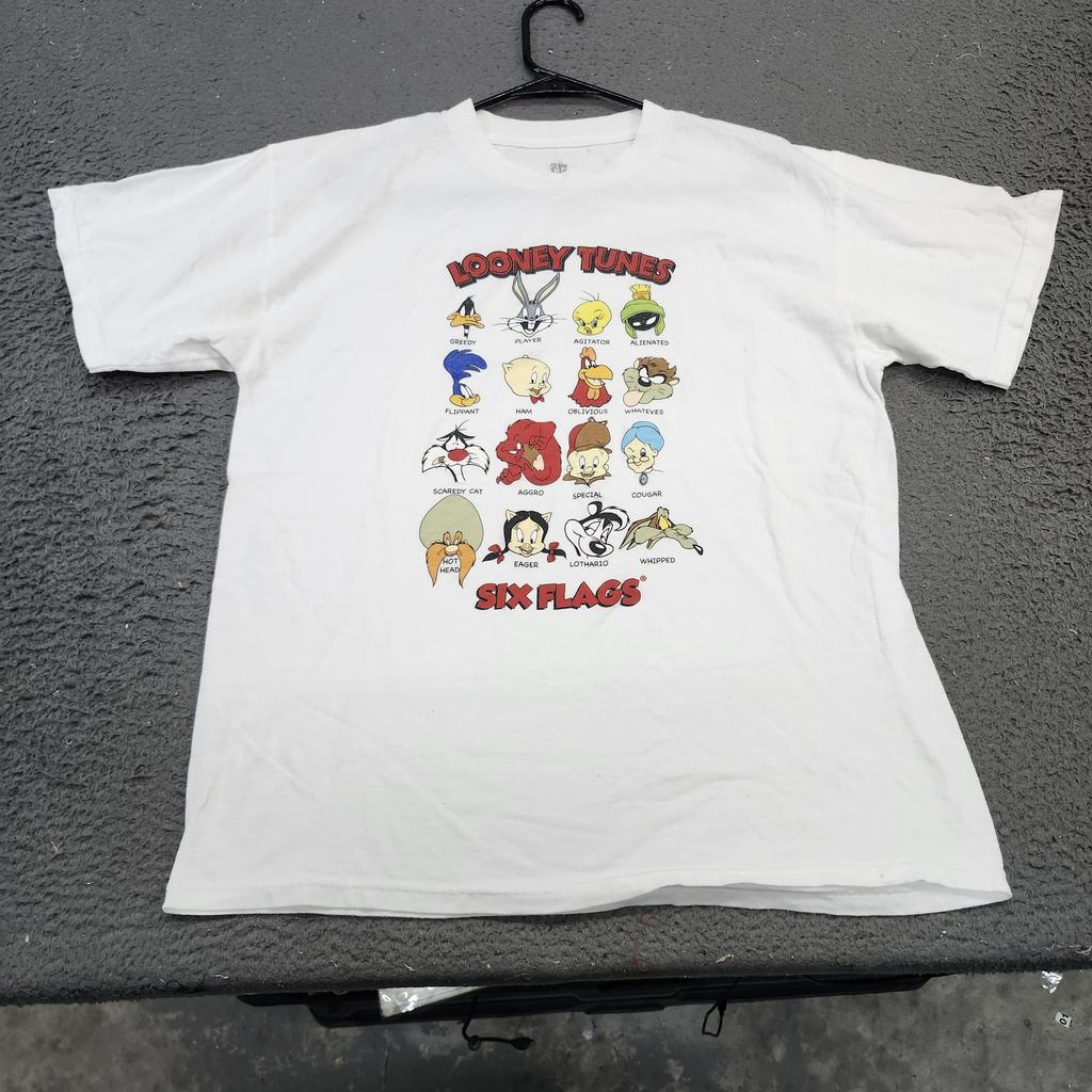 Six Flags Looney Tunes Shirt Mens L White Character Grid Graphic Tee Made USA Unisex T-Shirt