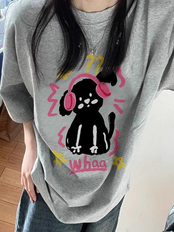 Women's Gray Cartoon Hong Kong Style Loose Fit Short Sleeve T-Shirt - Summer 2025 Collection