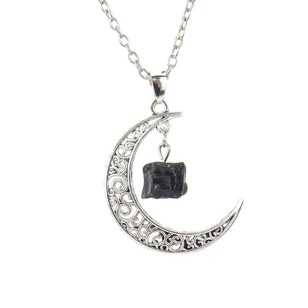 Hollow Moon Natural Rough Stone Crystal Pendant Necklace Amethyst Pendant Couple Necklace N597