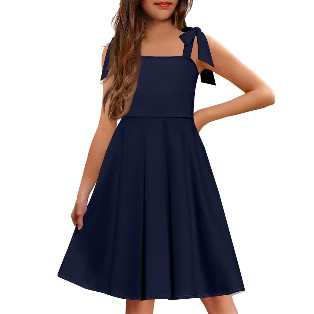 Children's Dress Without Cuffs Pocket Square Collar Casual Style Solid Color Dress