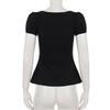 Women Black White Color Block Square Neck Bow Detail Puff Sleeve Slim Fit Casual Blouse