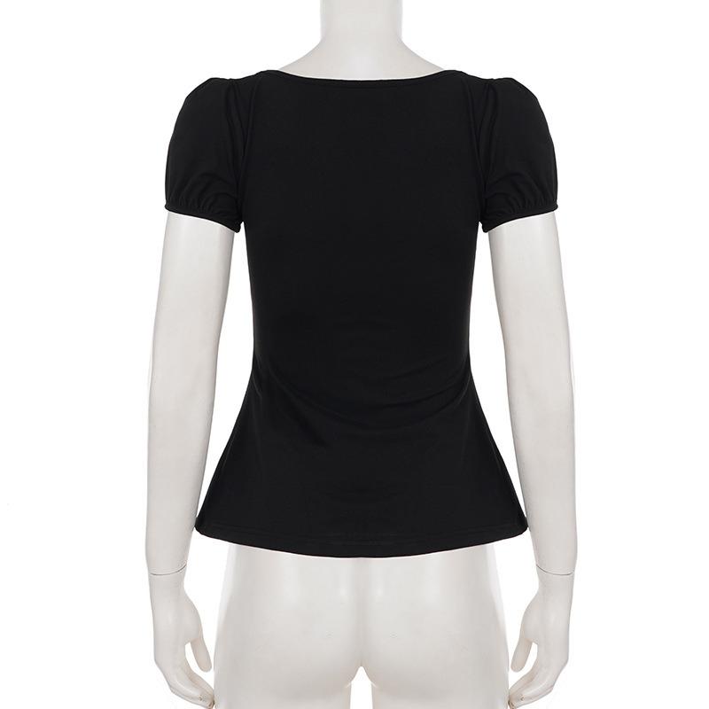 Women Black White Color Block Square Neck Bow Detail Puff Sleeve Slim Fit Casual Blouse