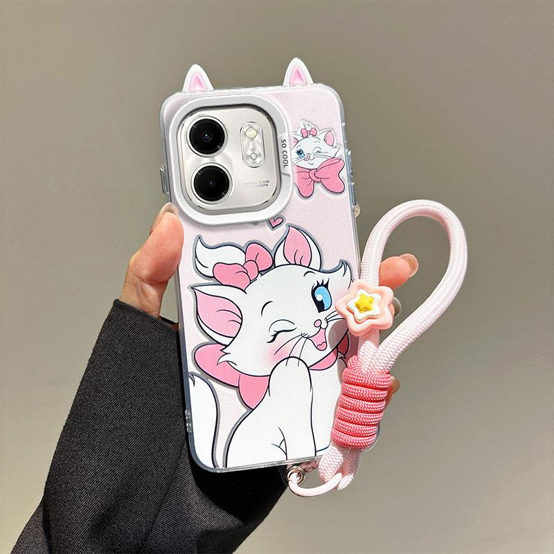 KEYSION Cute Ear Cartoon Case for Infinix Hot 50i with Lanyard Soft Silicone+PC Shockproof Phone Back Cover for Infinix Smart 9
