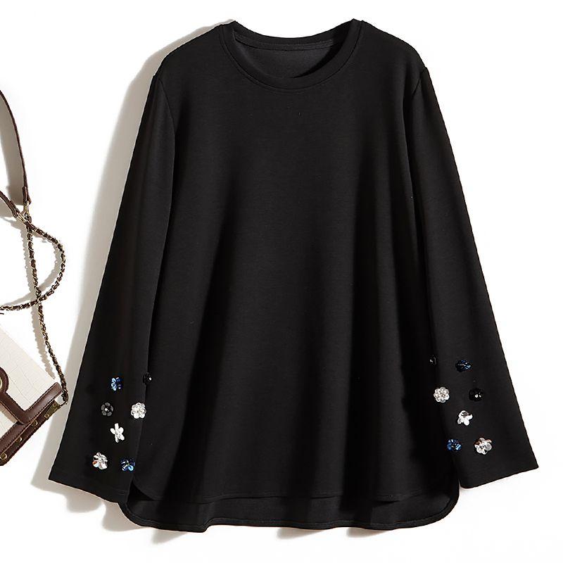 

Handmade Beaded Color Sequin! Girls Stretch Cotton Long Sleeves round Neck Straight-leg Black Slimming and Fashionable T-shirt Spring & Fall Black L