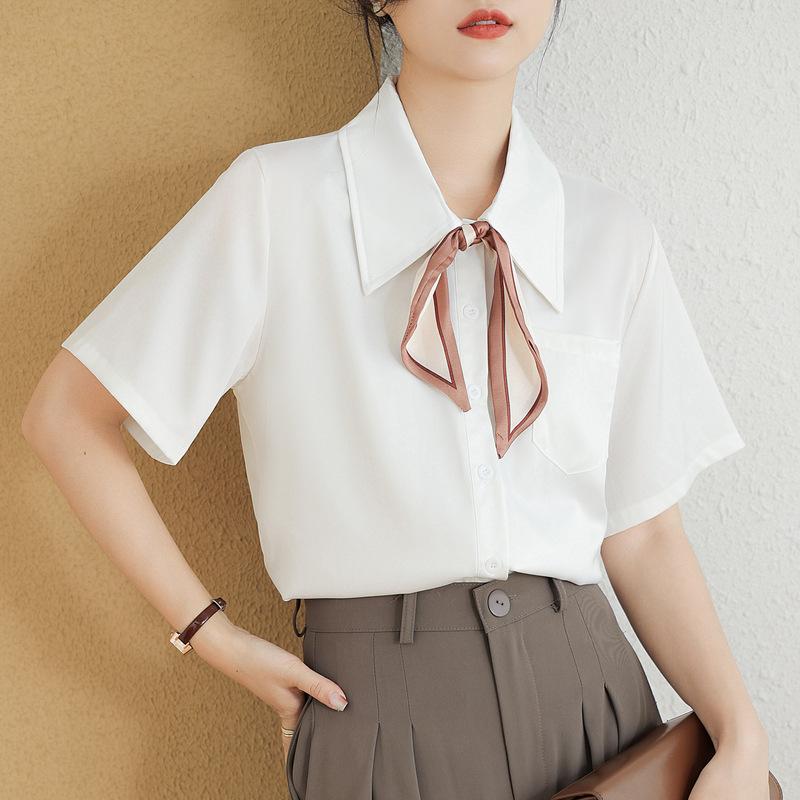 GMXIA Women's Bow Tie Lapel Draped Career Chiffon Shirt White Blouse Women Summer Tops Commuter Interview Short Sleeve