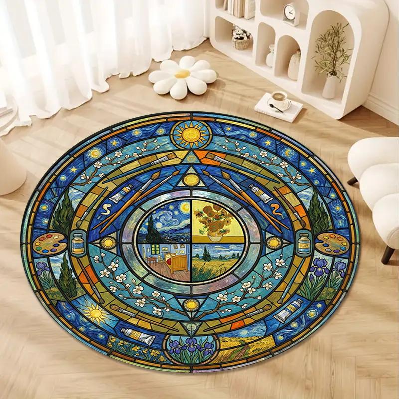 Mandala Famous Painting Round Area Rug,Carpet Rug for Living Room Bedroom Sofa Playroom Decor,Non-slip Floor Mat Q0024