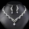 2pcs Set Luxury Leaf-inlay Zircon Teardrop-shaped Crystal Pendant Necklace Earrings for Women Korean Bride Wedding Dress Jewelry