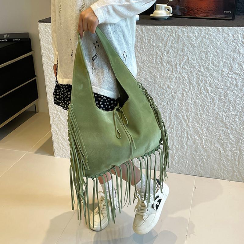 Boho Chic Kordový Střapec Dámská Taška přes Rameno Podzim Velkokapacitní Ručně Vyráběná Jednobarevná Hobo Tote Taška