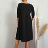 Women's Fashion 3/4 Sleeve Dress Solided Color Lanterned Sleeve Pleated Loose Cotton Linen Pocket Dress