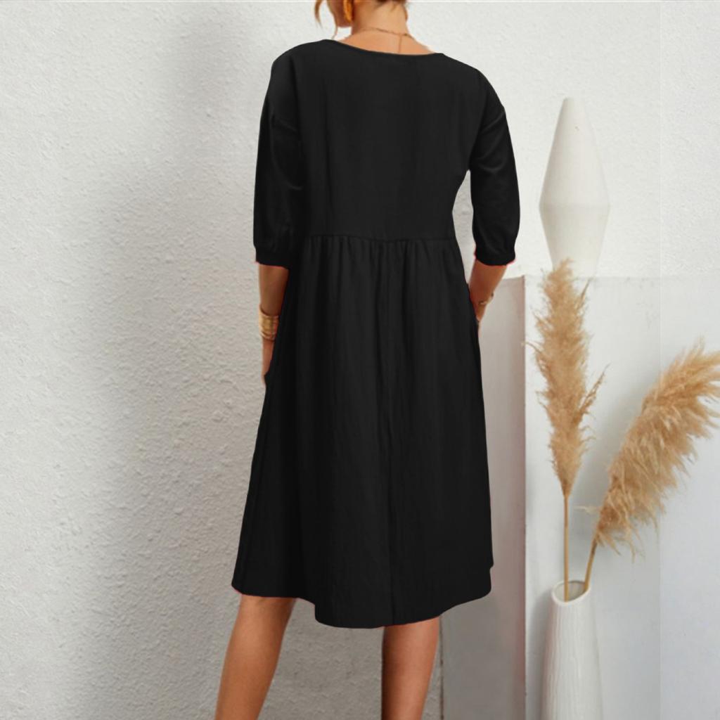 Women's Fashion 3/4 Sleeve Dress Solided Color Lanterned Sleeve Pleated Loose Cotton Linen Pocket Dress