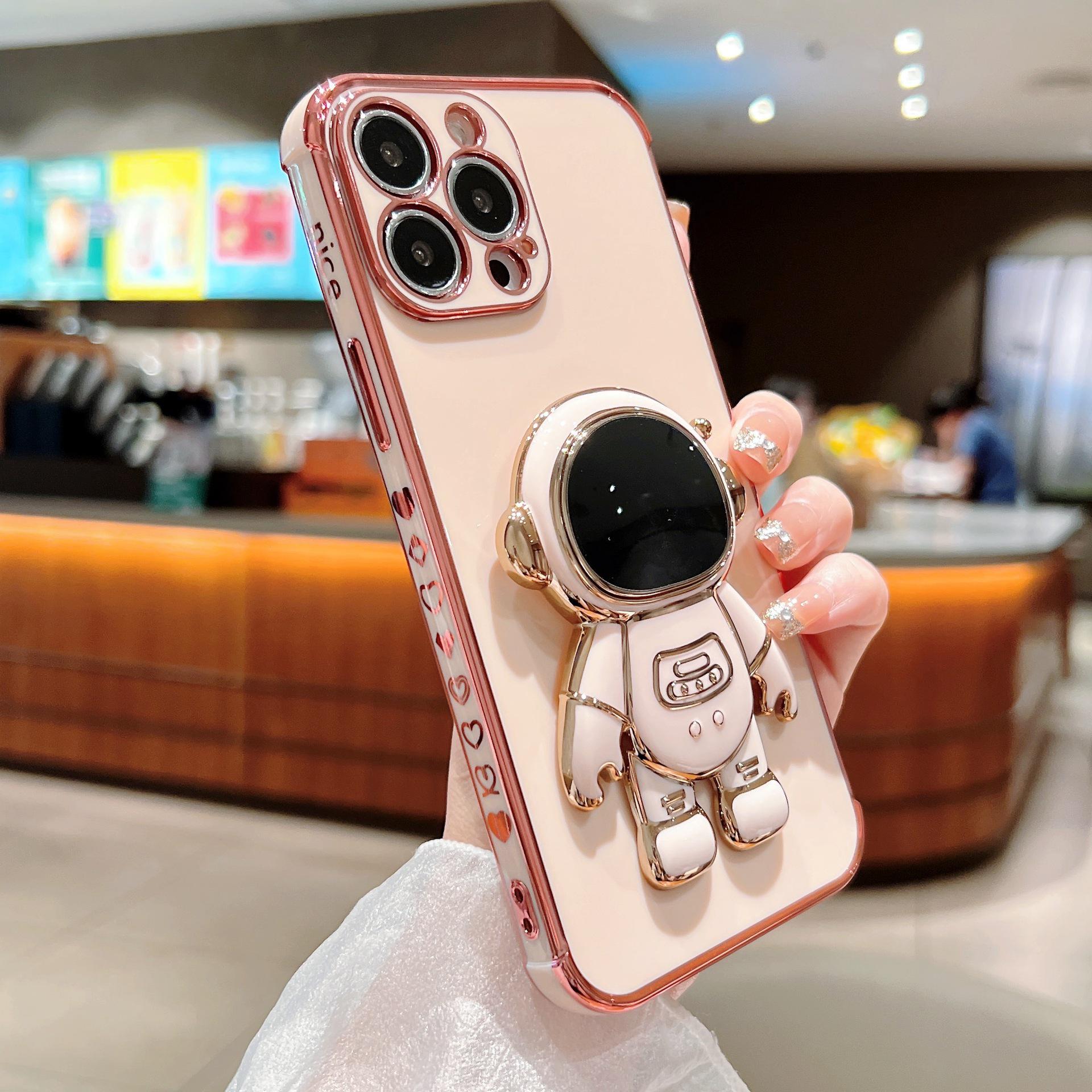 Electroplated Astronaut Phone Case with Anti-drop Holder for iPhone 11/12/13 Pro Max 13 Mini