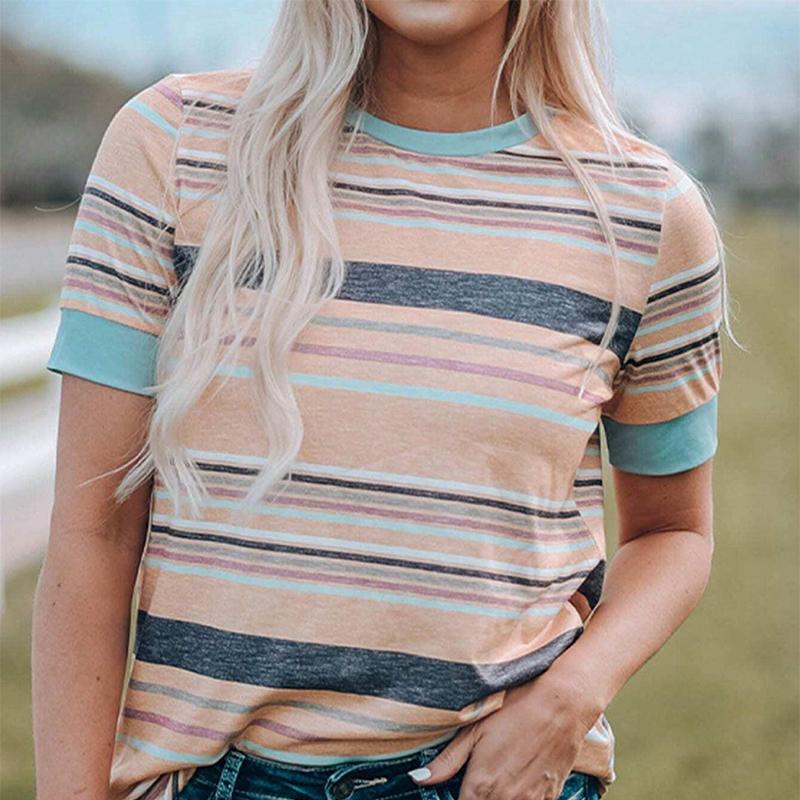 

Модная женская футболка в грубую полоску с принтом в полоску, забавная повседневная футболка с круглым вырезом и короткими рукавами, летняя женская футболка XS розовый