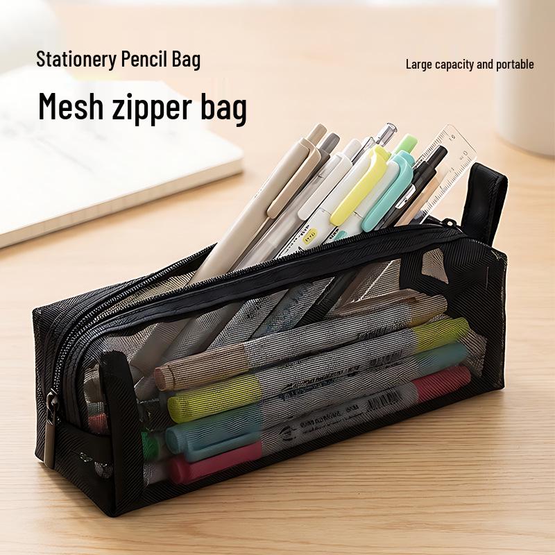 Large Capacity Transparent Mesh Zipper Pencil Case for Students