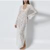 Elegant See Through Split Dress Women White Lace Up Deep V-neck Long Sleeve Female Dresses Loose Lady Dress