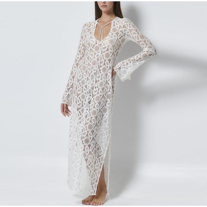 Elegant See Through Split Dress Women White Lace Up Deep V-neck Long Sleeve Female Dresses Loose Lady Dress