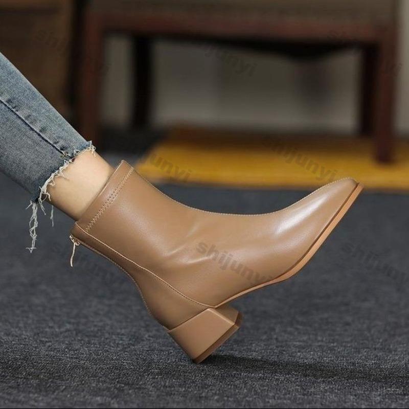 Winter Women's Boots New Square Toe High-heel Short Boot 2024 Autumn Winter Anti Slip Outdoor Fashion Retro Zipper Chelsea Boots