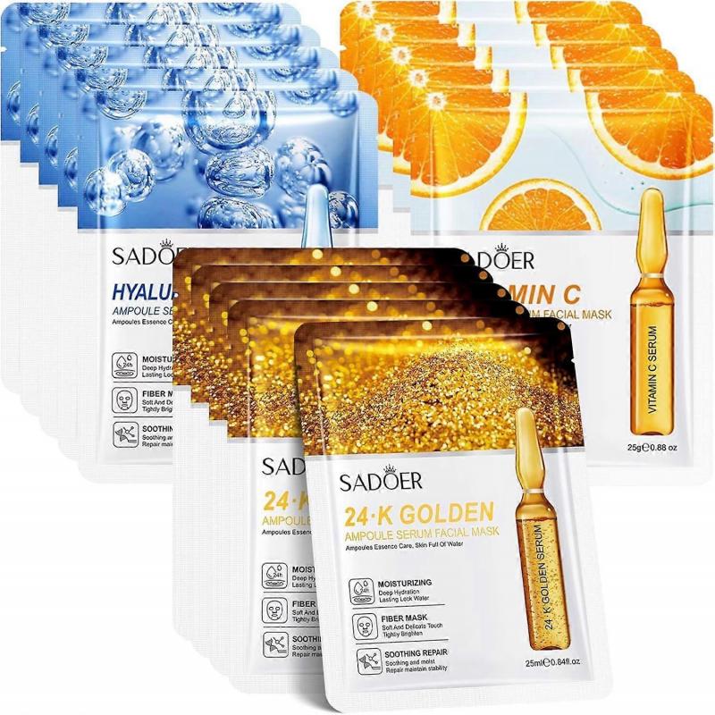 15 Pack Premium Moisturizing Face Sheet Mask, 24K Gold, Hyaluronic Acid & Vitamin C Face Mask Set, Hydrating, Skin Brightening, Anti-Wrinkle Real Dee