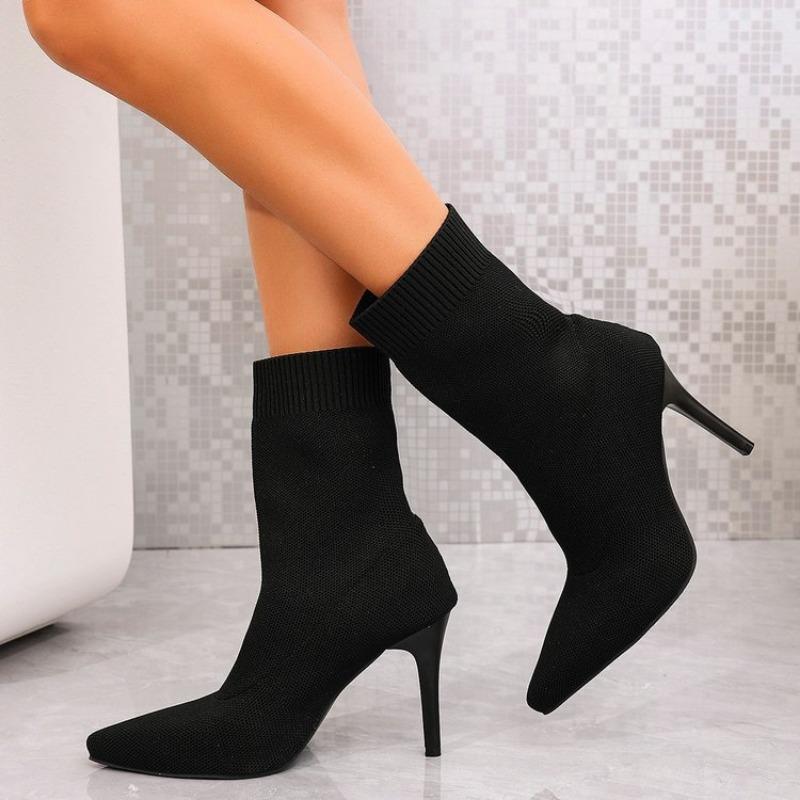 Fashion Women's Fashion Thin Heel Single Boots Spring New Pointed Mesh Fabric Breathable Anti-slip Wear-resistant Short Socks Boots