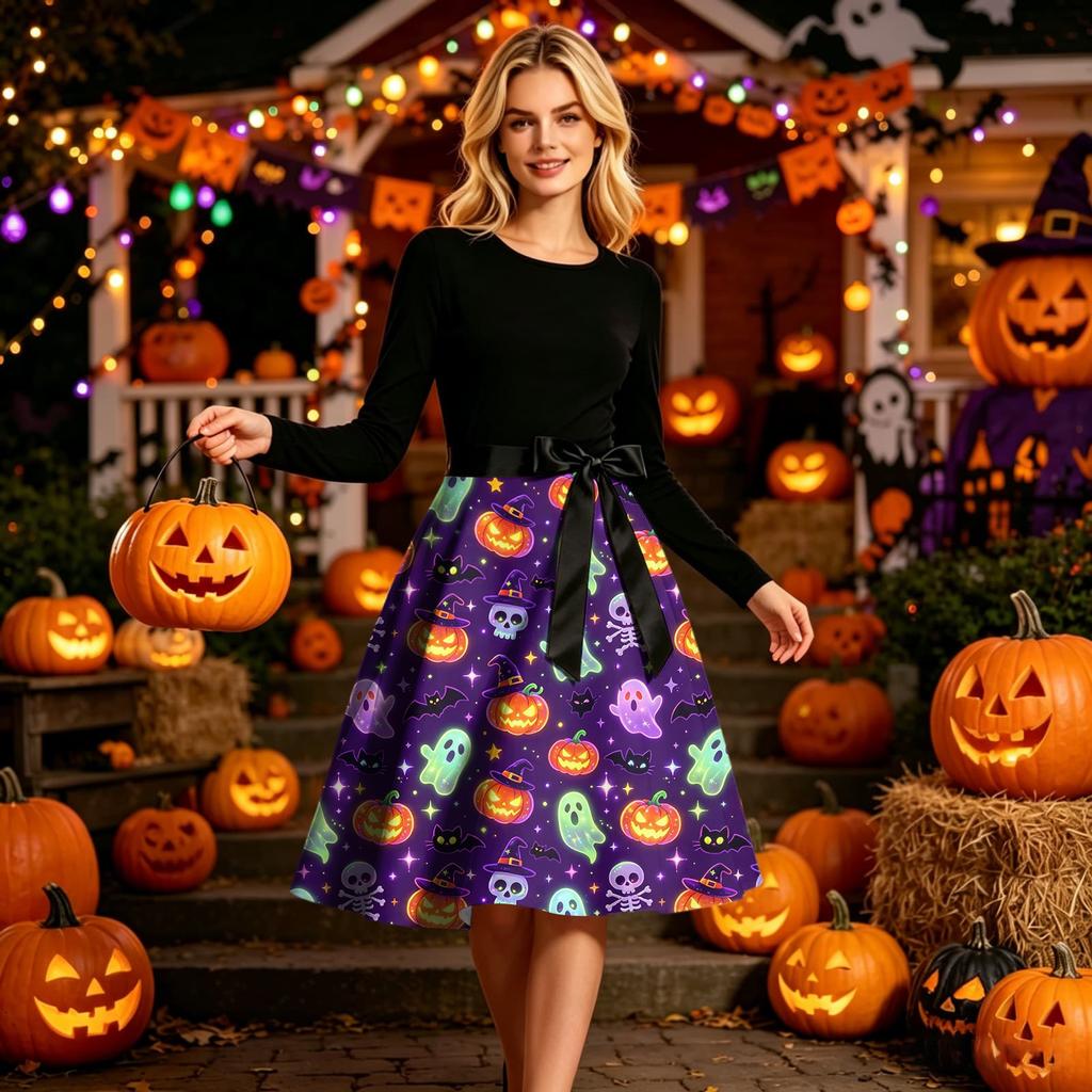 Women’s Crew Neck Long Sleeve Dress Halloween Themed Print Casual Style Waist Tie Fit and Flare Comfortable Material