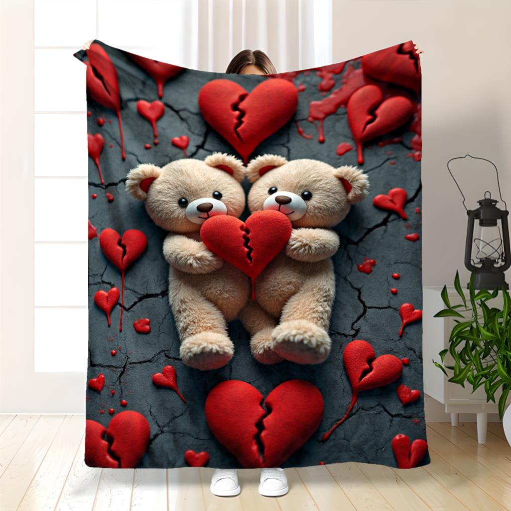 Sweet red heart teddy bear Flannel printed blanket suitable for all seasons suitable for living room office sofa and travel