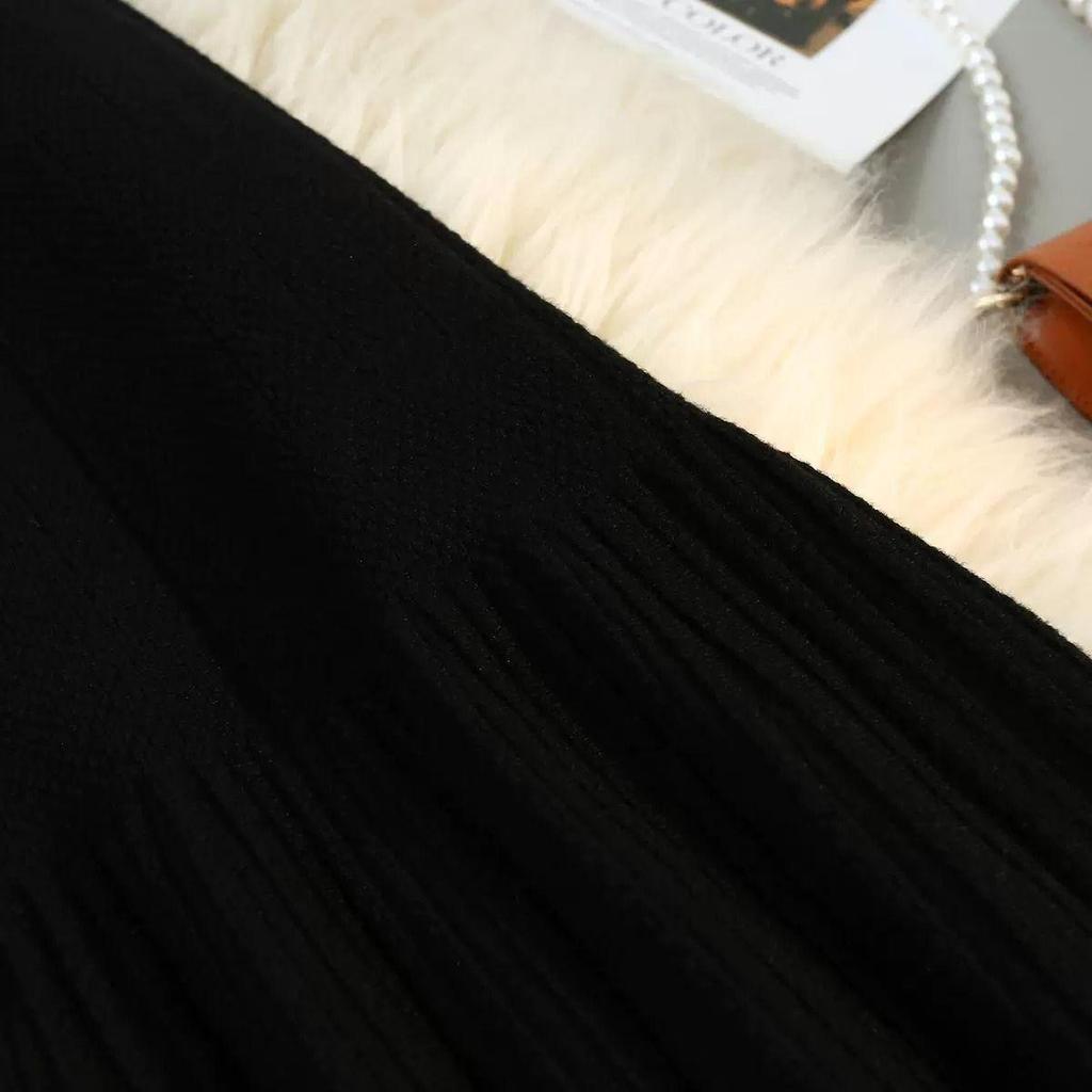 Women's High Waist Ruffle Knit Skirt - Retro A-line, Autumn/Winter, Slimming, Long Hem.